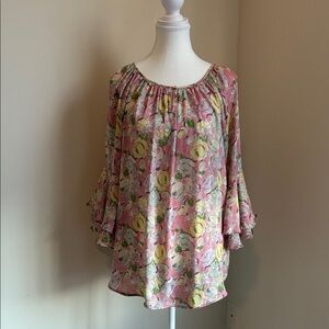 Chaps Ralph Lauren Whimsical Floral Bell Sleeve Top Size Large